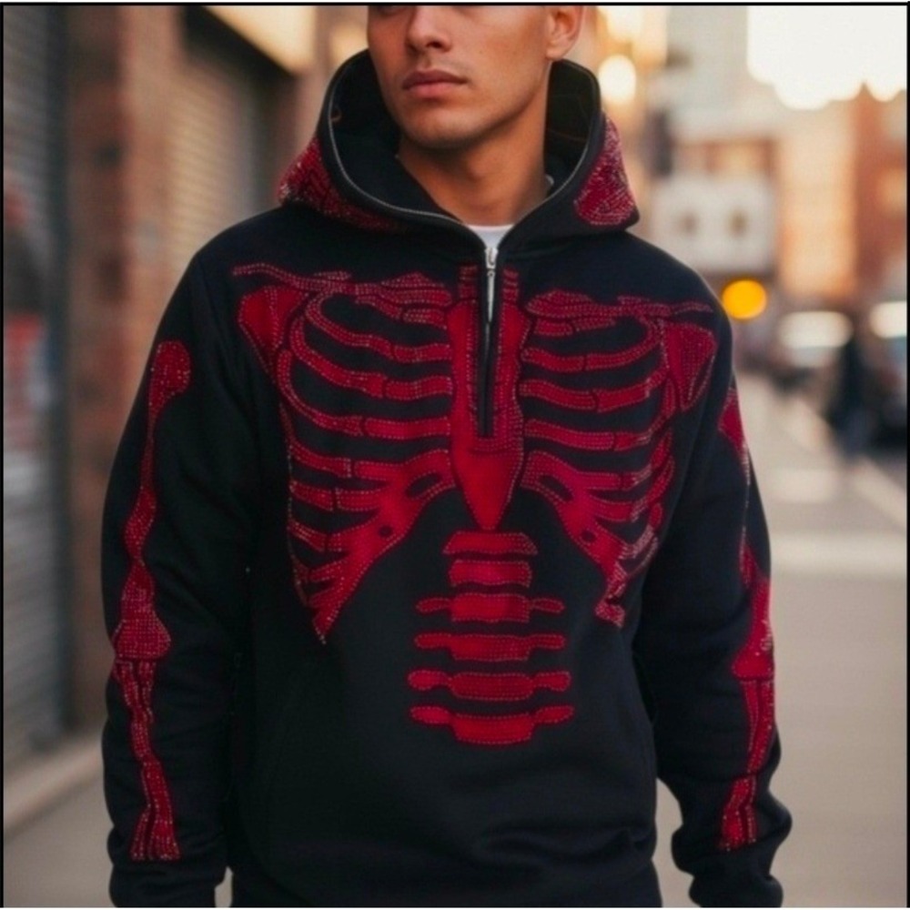 Guapi Limited Edition Red Rhinestone Skeleton Half Zip Hoodie Men's Medium Black